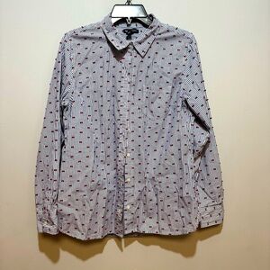 GAP women’s blue striped button down shirt with tiny pink bows